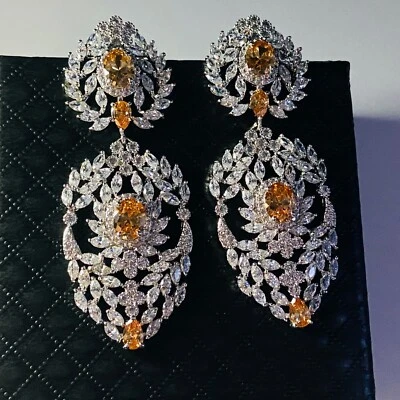 18K White Gold Plated Lab-Created Morganite Gemstone Wedding Chandelier Earrings - Image 1 of 4