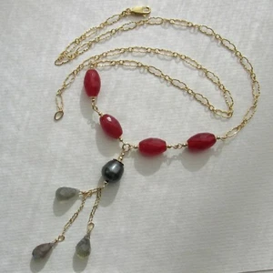rote Jade Zucht Perle Labradorit Anhänger-Kette 585 14K Gold Juan del Rio Design - Picture 1 of 12