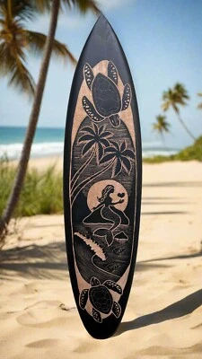 Sirena y Tortuga Marina Luna Luz Tabla de Surf Decoración de Pared 39"x 10" Foto 1 de 4