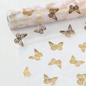 5 WHITE GOLD Sheer Organza TABLE RUNNERS Metallic Foil Butterfly Motifs Party - Picture 1 of 8