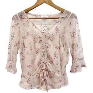 Bongo Mesh Ruched Floral Top Jrs Large Whimsigoth Coquette Boho Festival Fairy - Picture 1 of 10