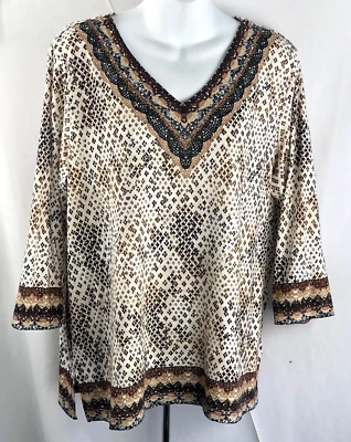 Top túnica Alfred Dunner L beige/marrón geo cuentas cuello en V mangas 3/4 boho tribal Foto 1 de 4