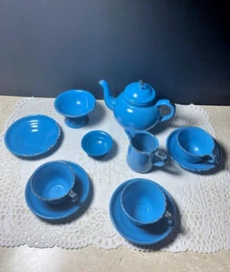 Antique Toy 12-pc French Blue Enamelware Graniteware Child's Tea Set Germany - Picture 1 of 6