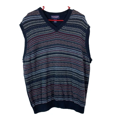 Roundtree & Yorke Blue Striped Fair Isle V-Neck Sweater Vest Size XL - Image 1 of 4