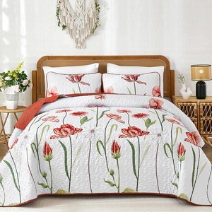 Rot Quilt Set Queen Size, Niedlich Rot Blumen Botanisch Tagesdecke Bettwäsche Set mit 2 - Bild 1 von 12