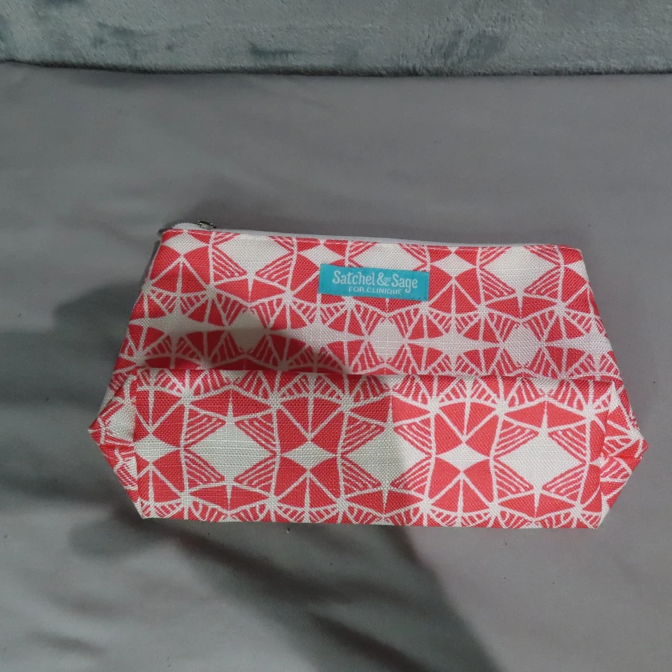Satchel & Sage For Clinique Makeup Bag Red White Geometric Print Zipper Pouch - Image 1 of 4