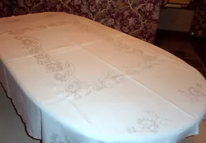Vintage 1950's Ecru Linen 82" x 68" Tablecloth Cross Stitched w/ Flower Trellis - Picture 1 of 5