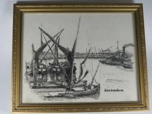 Vintage Blanco y Negro Pluma Tinta Boceto '' West India Muelles ' Nancy Larcombe - Picture 1 of 3
