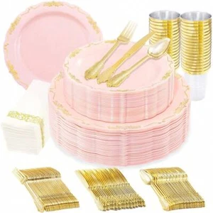 Supernal 210-Pcs Pink Gold Plastic Dinnerware Set - Ideal for Parties,Weddings - Picture 1 of 29