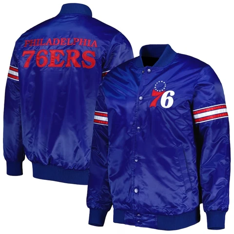 Philadelphia 76ers Royal satin Varsity Jacket Embroidery Full-Snap Free Shipping Cover