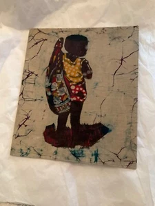 EXCELLENT COND Vintage Batik of African Boy Art Mounted on Board - 12” x 14.5” - Bild 1 von 5