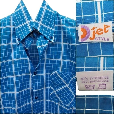 Camisa Retro Rockabilly De Colección Años 70 80 Cuello Daga Azul Cuadros Hombres Med ESTILO JET Foto 1 de 4