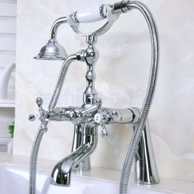 DLL Chrome Claw-foot Bathtub Faucet Deck Mounted Tub Filler Handheld Shower fna126
