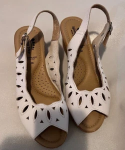 Spring Step Laser Cut Peep Toe Slingback Wedge Leather Sandals Women's 38-7.5 - Picture 1 of 6