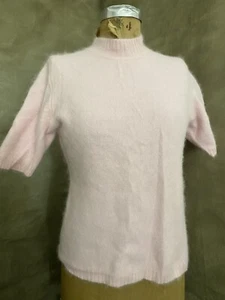 Vintage PINK 70% ANGORA BUNNY Short Sleeve Sweater Top PIN-UP GIRL Fuzzy Furry L - Picture 1 of 5