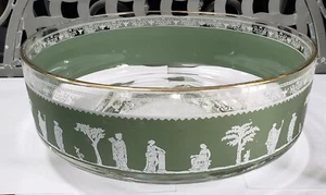 WEDGEWOOD JEANETTE JASPERWARE GREEN BAND/GOLD RIM SERVING BOWL~ 9"~1960s - Imagen 1 de 4
