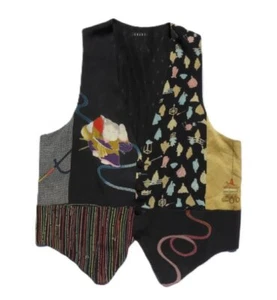 Vintage ONANO sz 3 L XL Black Silk Kimono Patchwork Japanese Print Vest Top OOAK - Picture 1 of 10