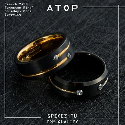 8 毫米镀金属金凹槽线立方锆石男式 ATOP 钨戒指 — 第 1/4 张图片