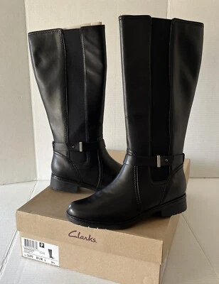 Clarks Women's Merrian Rayna Tall Riding Boot Size 8.5 Black Leather Stretch NEW - Image 1 of 4