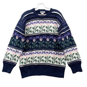 VTG Gallagher 3D Knit Sweater Large Nordic Floral Academia Cabin Cottage Grandma - Picture 1 of 7