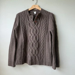 J.Crew Womens Cable Knit Button Neck Lambswool Sweater Brown Medium - Picture 1 of 3