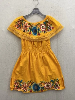 Mexican Handmade Dress Women’s Medium Yellow Embroidered Artisan Floral - Image 1 of 4
