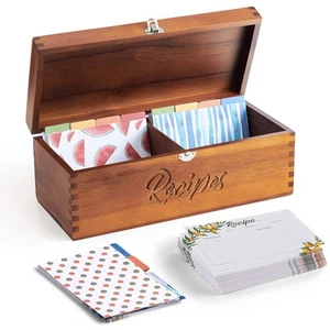 Tidita Acacia Wood Large Recipe Box with 100 Cards 4x6, 8 Dividers - Wooden R... - Picture 1 of 6