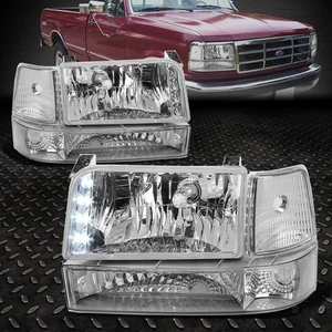 FOR 92-96 FORD F150 F250 F350 LED DRL CHROME HOUSING CLEAR CORNER HEADLIGHT LAMP - Picture 1 of 6