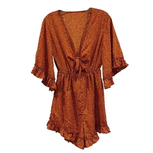 Herbst Babydoll Coquette Flatter Strampler Gr. 6 gepunktet Sienna braun vorne zum Binden - Bild 1 von 17