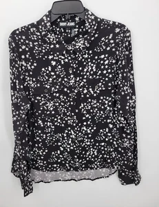 DKNY Top donna blusa artistica grande nero bianco stampa stelle manica lunga bottoni - Foto 1 di 11