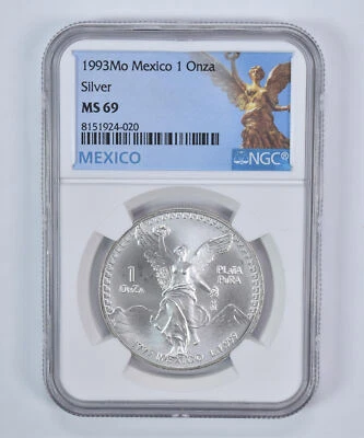 1993 Mo Mexico 1 Onza Silver Libertad MS69 NGC Mexico Label - Image 1 of 4