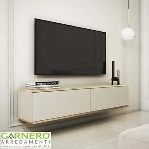 Mobile porta tv sospeso design moderno soggiorno 135x30cm 2 ante beige oro LINUS - Foto 1 di 3