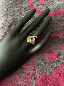 Anello Asimmetrico Vintage Unico - Vera Ametista & Diamante/oro 14K - Taglia 6 1/2 - Foto 1 di 8