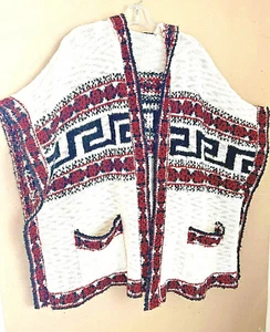Western Knit Women Kimono Sweater Cardigan Poncho  XL Open Front Hoodie Pockets - Picture 1 of 11