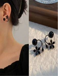 Womens Girls Black Metal Flower Faux Pearl Double-sided Stud Decor Earrings Gift - Picture 1 of 6