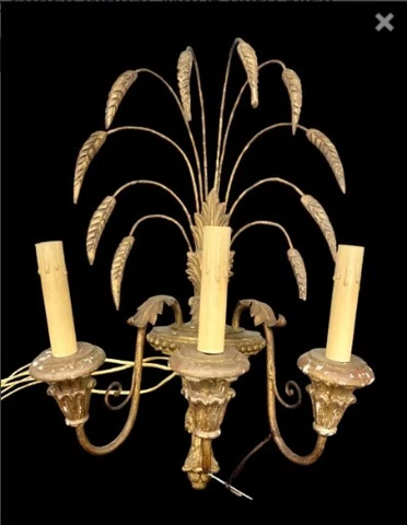 Large Statement Piece Gilt Gold Wood Wheat Wall Sconce 3 Light MCM Fixture Lamp Cover