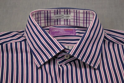 Lorenzo Uomo Mens Purple Blue White Stripe Trim Fit Dress Shirt Shirt M - Image 1 of 4