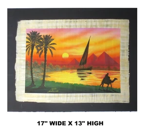 LOW PRICE! "NILE, PYRAMIDS, SUNSET" SIGNED EGYPTIAN PAPYRUS PAINTING 17" X 13" - Picture 1 of 9