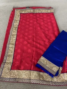 NEW Red, Royal Blue and Gold Indian Sari & Blouse Piece, BEAUTIFUL! - Picture 1 of 11