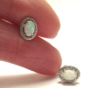 PD Stuller Opal & Natural Diamonds Oval Stud Earrings Solid Sterling Silver NEW - Picture 1 of 16