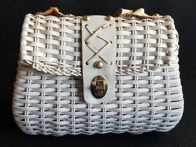 Vintage Wicker Handbag Purse Tote Bag Made in Hong Kong Leather 1950s  - Image 1 of 4