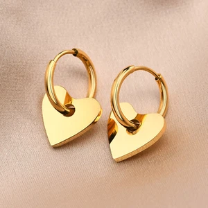Gold Stainless Steel Hoop Earrings for Women Teen Girl Sweet Heart earring Drop - Picture 1 of 6
