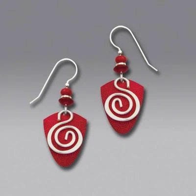 Adajio Earrings Vibrant Red Shield Silver Plate Spiral Overlay Handmade in USA - Image 1 of 4