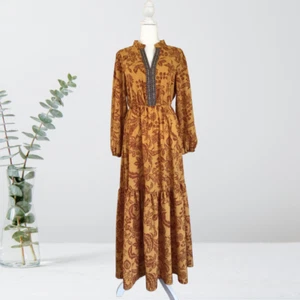Rusty Dusty Maxi Dress Long Sleeve Ruffle Hem Embroidered V-Neck Size Medium - Picture 1 of 11