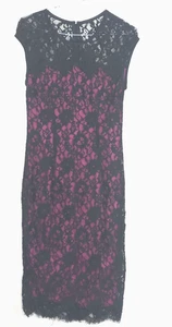 Jaeger UK Small Black Pink Lace Bodycon Midi Special Occasion Dress - Picture 1 of 7