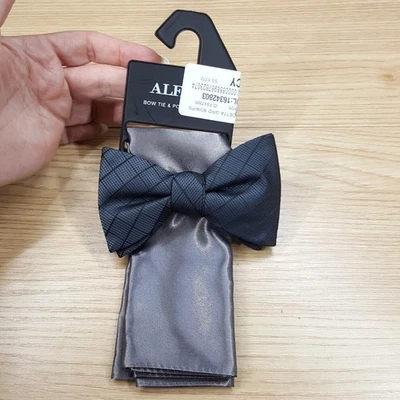ALFANI Mens Bow Tie Gray Diamond Textured Pre-Tied & Satin Pocket Square Set - Image 1 of 3