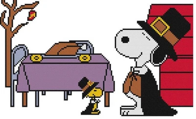 CROSS STITCH+ CRAFT PATTERN Snoopy Dog Woodstock Thanksgiving Dinner Pilgrim - Image 1 of 4