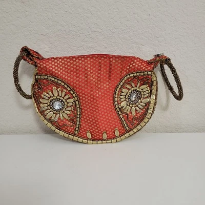 Bolso clutch único Indian Fortune Cookie rojo para mujer dorado boho cuentas ecléctico  Foto 1 de 4