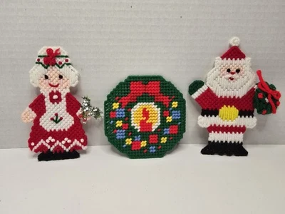 VTG Needlepoint Plastic Canvas Santa & Mrs. Claus & Wreath Christmas Magnets 6" - Image 1 of 4