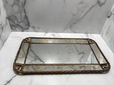 Espejo de tocador retro de vena dorada de colección marco de latón esquinas de corazón bordes en ángulo Foto 1 de 4